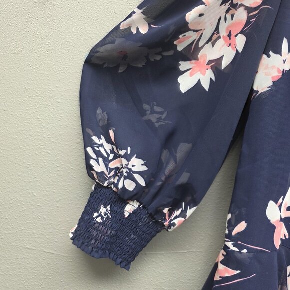 Eliza J Dress Womens 18W Navy Blue Floral Chiffon Long Sleeve Ruffle Hem Shift - Picture 3 of 16